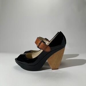 Y2k Max Studio Black Patent Leather Peep Toe Wooden Heels